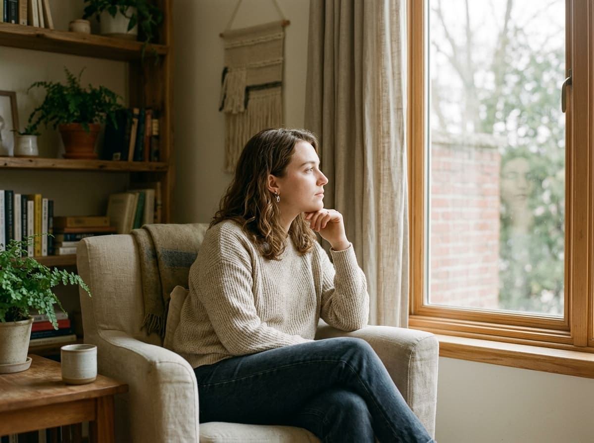 Adult taking a deep breath in calm contemplation, navigating anxiety relief