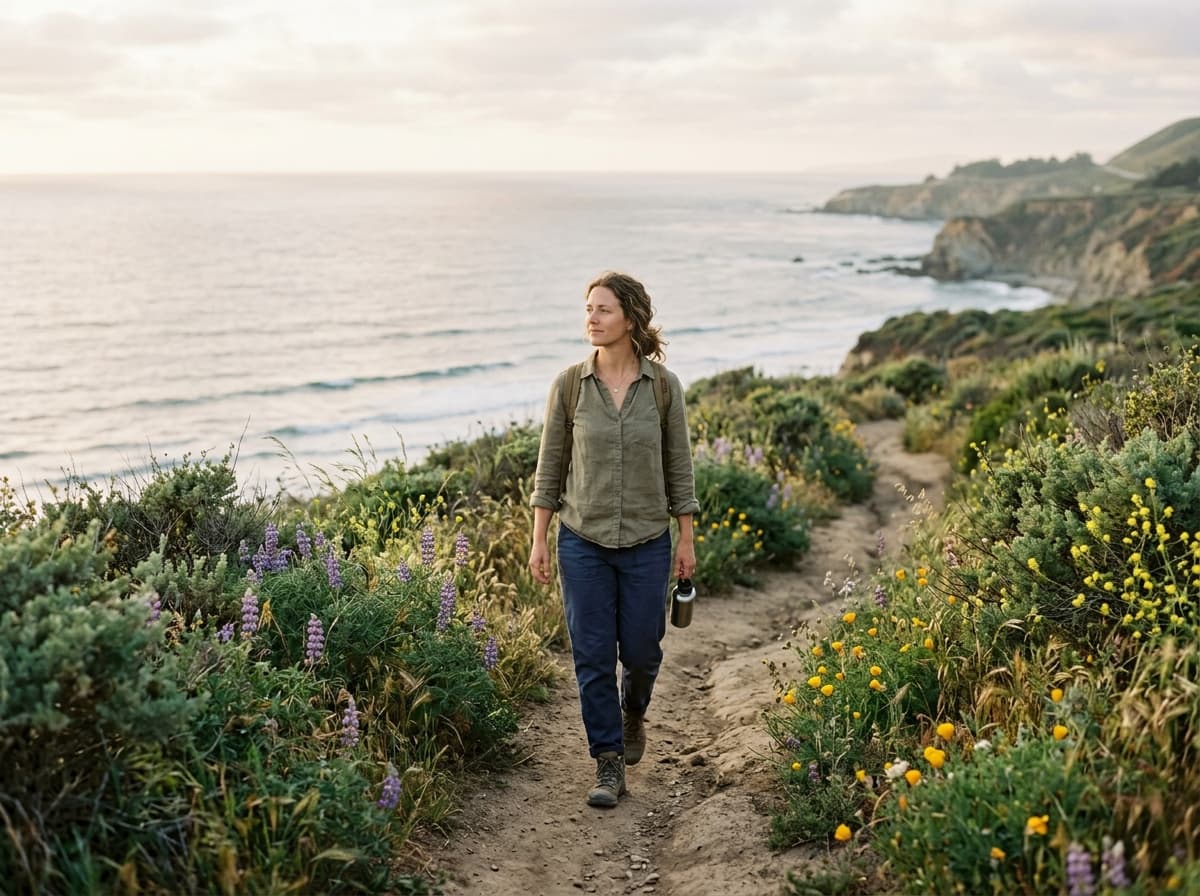 Person walking along serene coastal path, symbolizing healing and grounding